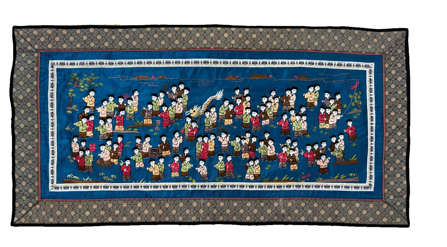 Vintage Silk Embroidered Wall Hanging 100 Children 13×26″ Wall Art