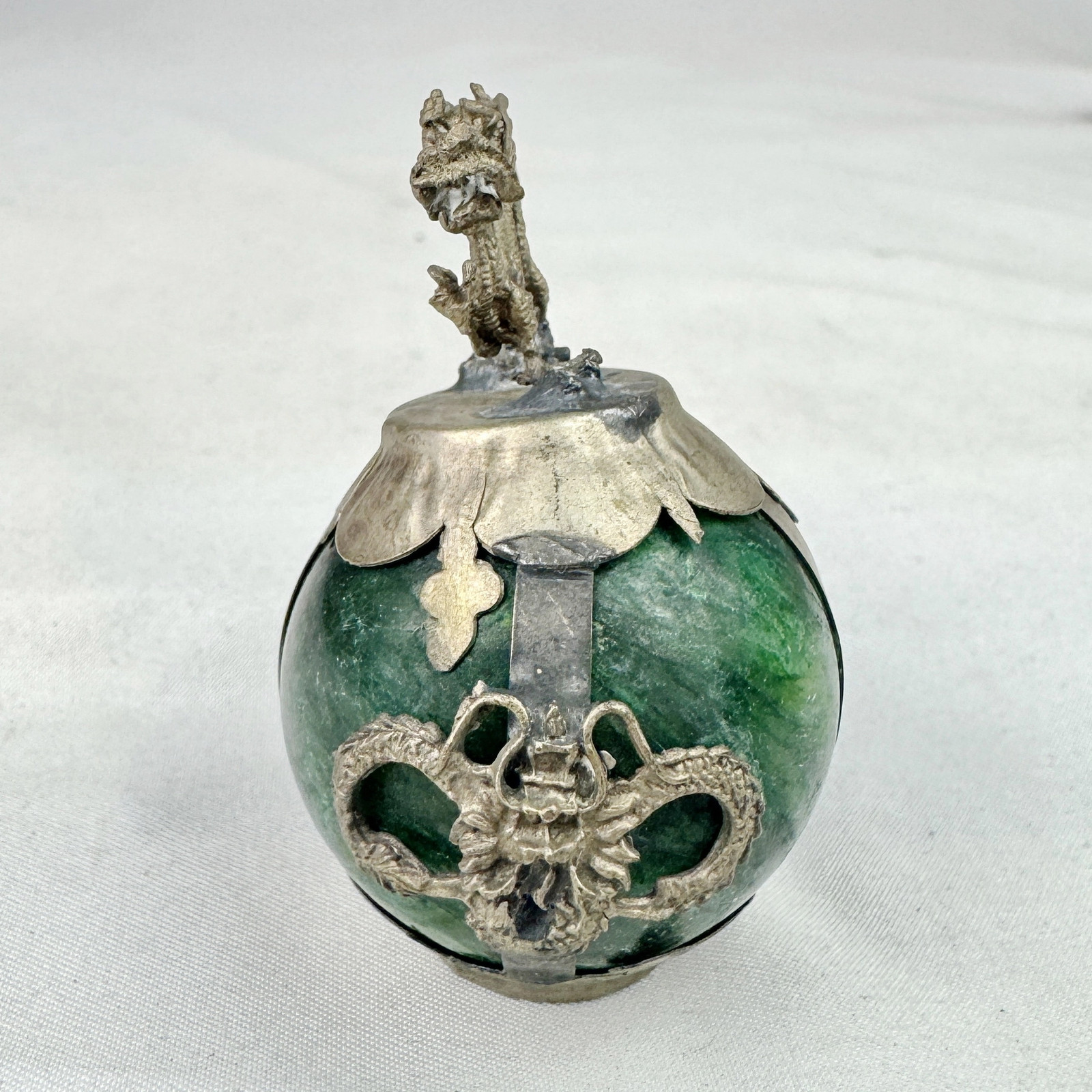 Vintage Chinese Zodiac DRAGON Green Marble Orb, Pewter/Tin Finial, Dragon Motif