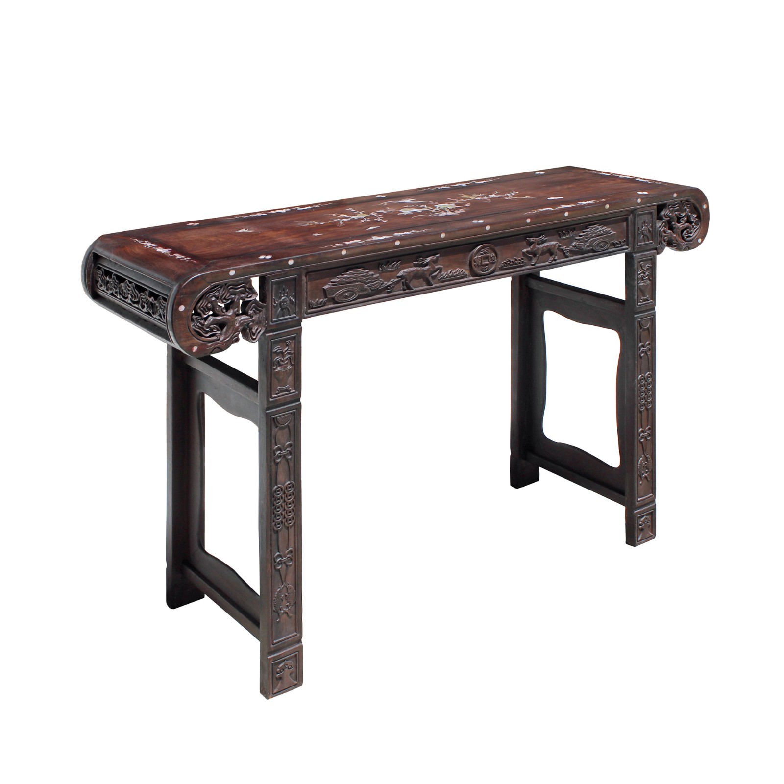 Chinese Brown Huali Rosewood Scroll Inlay Deer Fortune Motif Altar Table cs4227