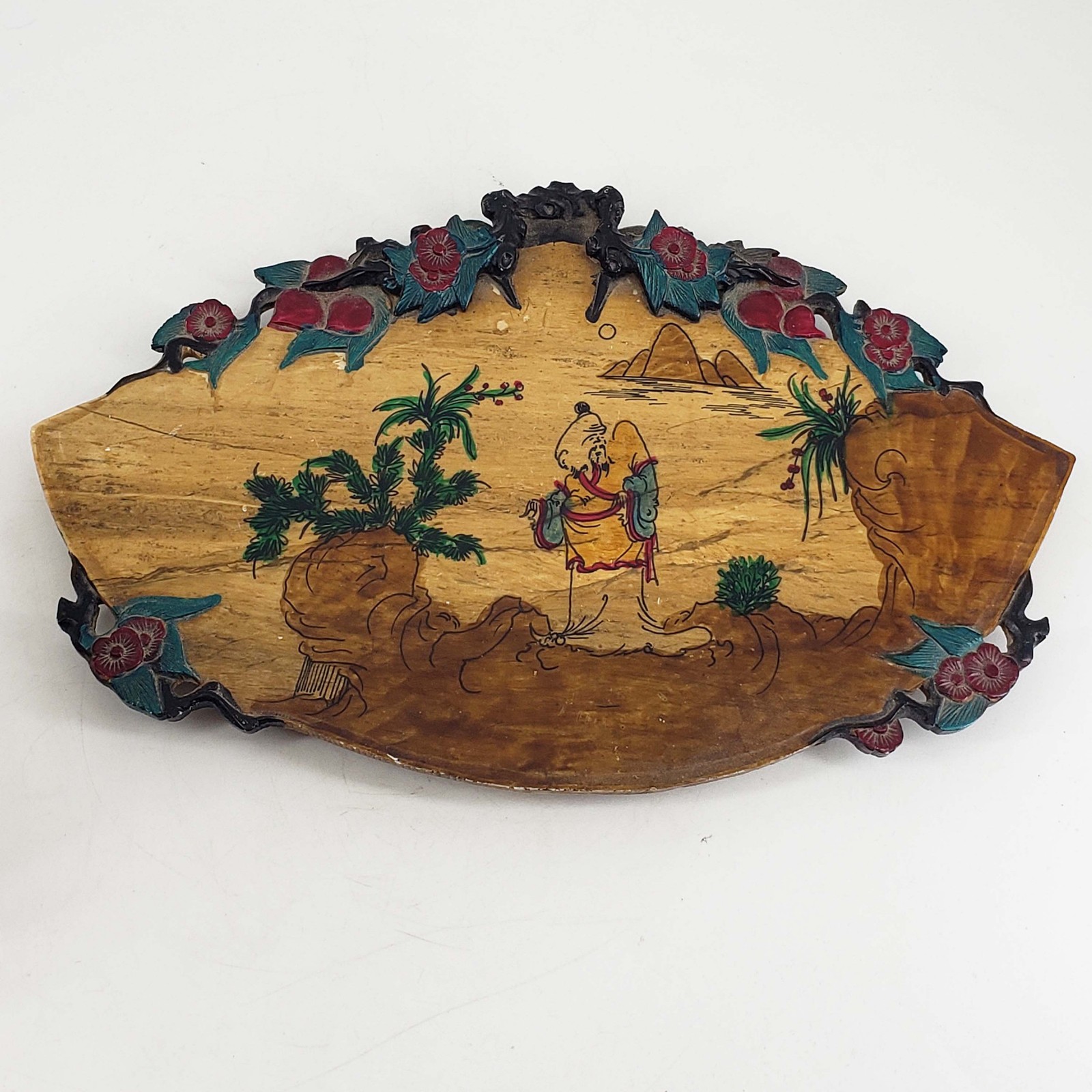 Antique Chinese Hand Painted Scene Decorated Stone Tea Tray Trivet w feet Rare