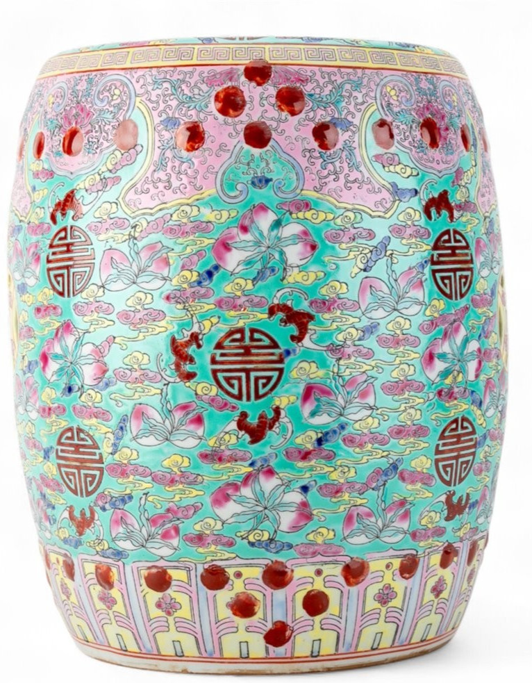 Blue Green and Peach Porcelain Garden Stool- 12″ x 15.75”H