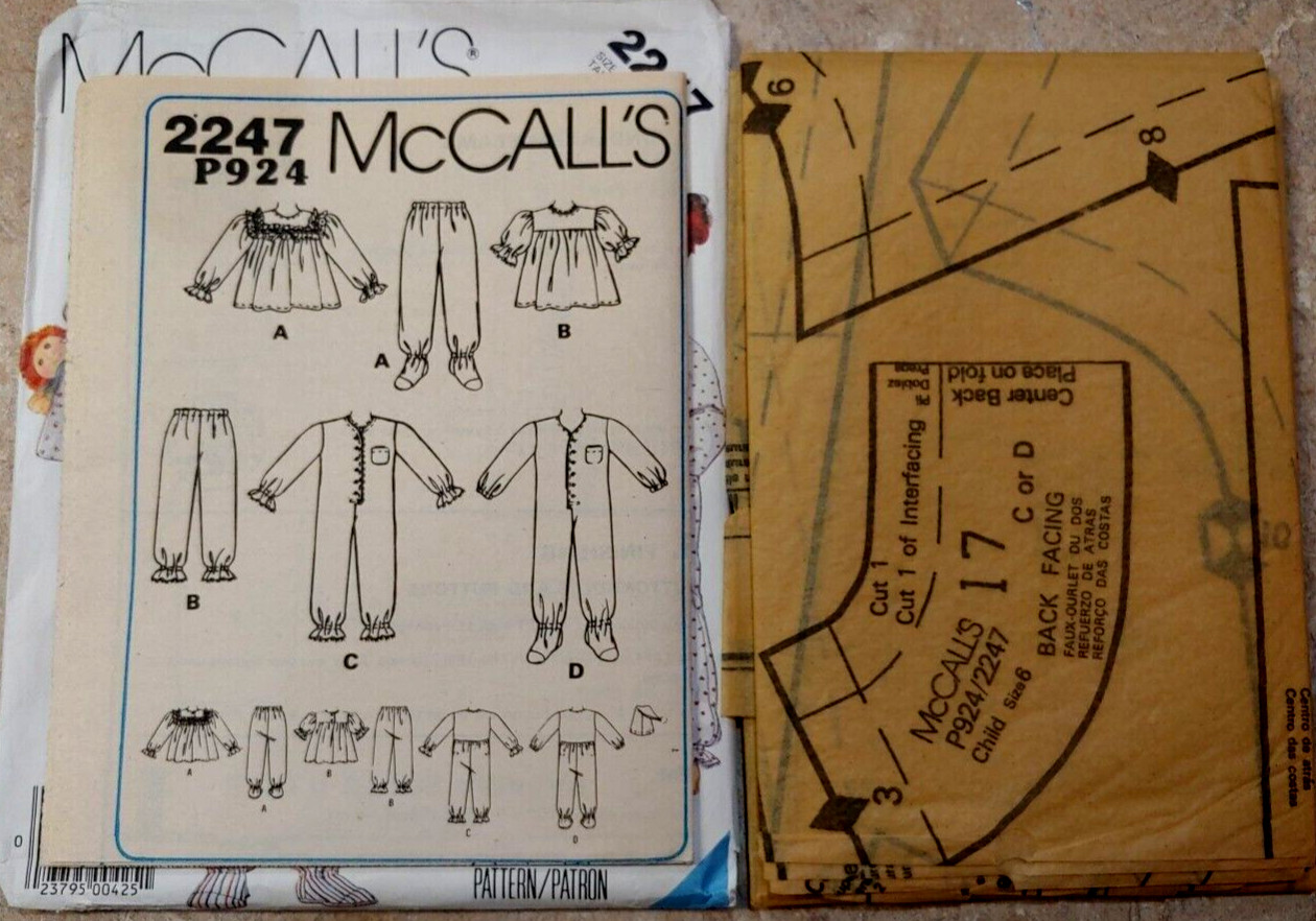 McCALLS PATTERN 2247 Girls CHILDS ONE- & TWO-PIECE PAJAMAS & Hat ~ SIZE 6 New UC
