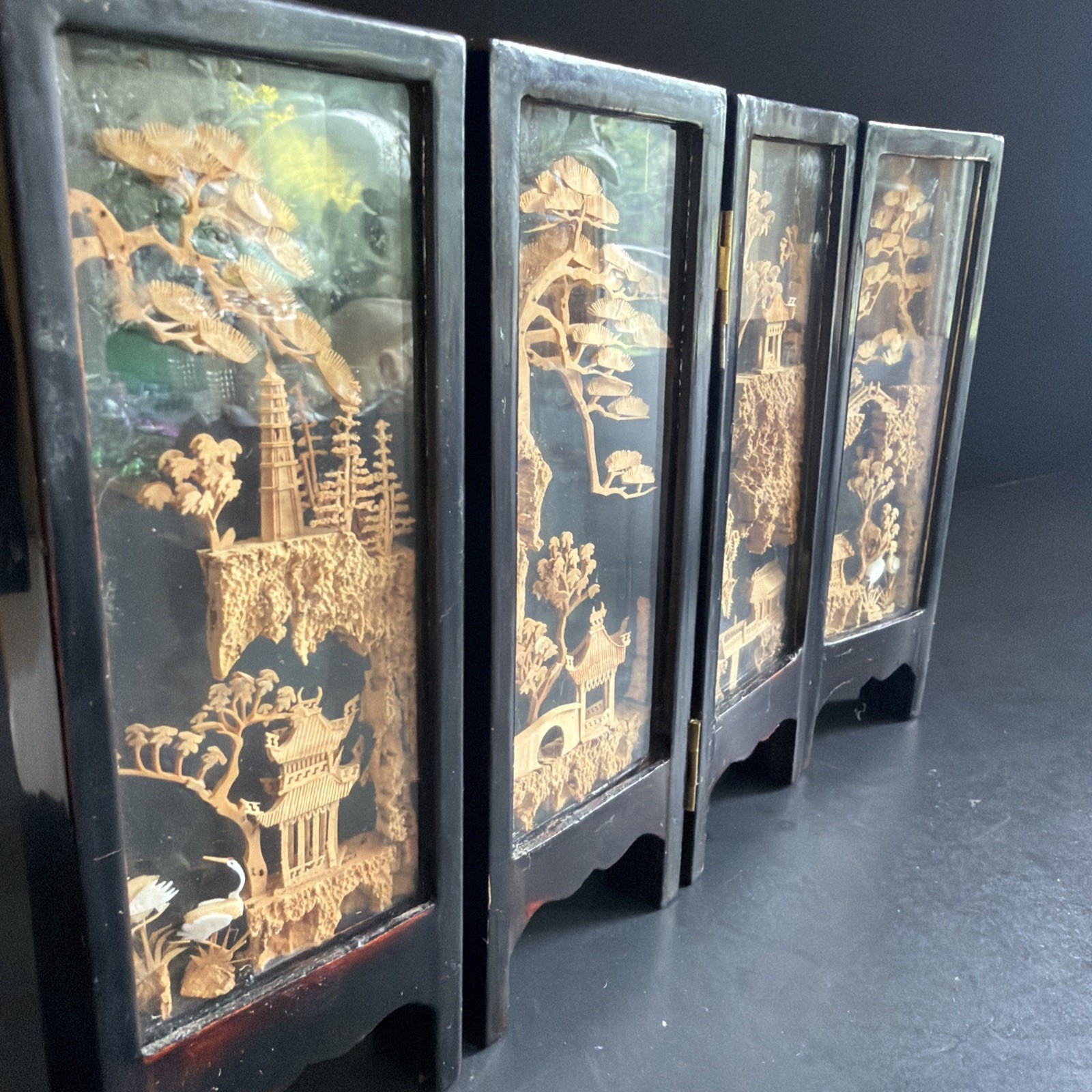 Vtg Chinese Cork Art Screen Folding 4 Panel Glass Pagoda Cranes Black Lacquer