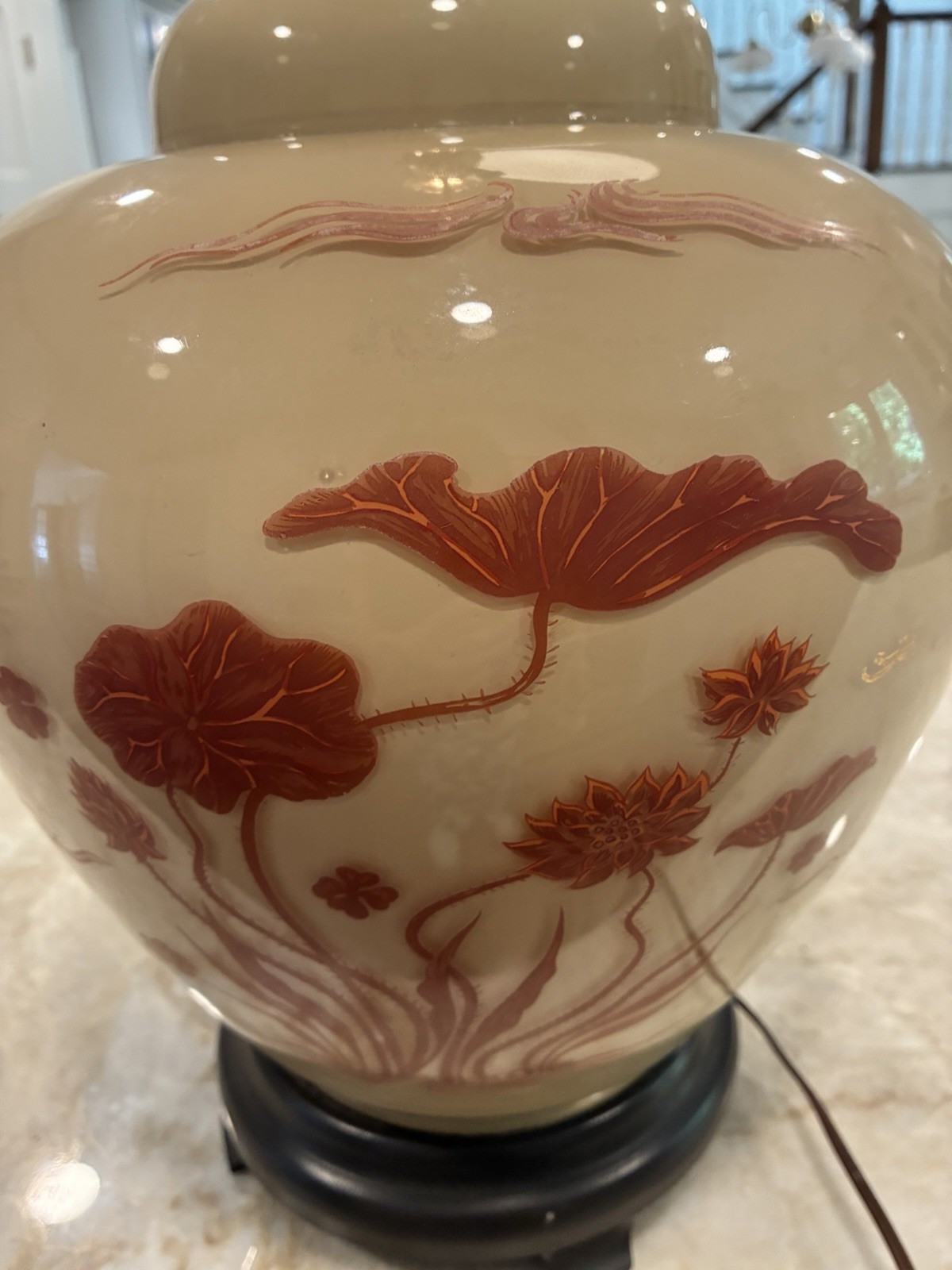 Asian Tanner Kenzie Style Ginger Lamp Raised Lotus Flowers 27″ Read