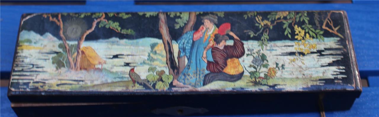 Vintage Chinese Asian Pencil Box Wooden Box Laquer Top 8-3/4 x 2-1/2 x 1-3/4 in