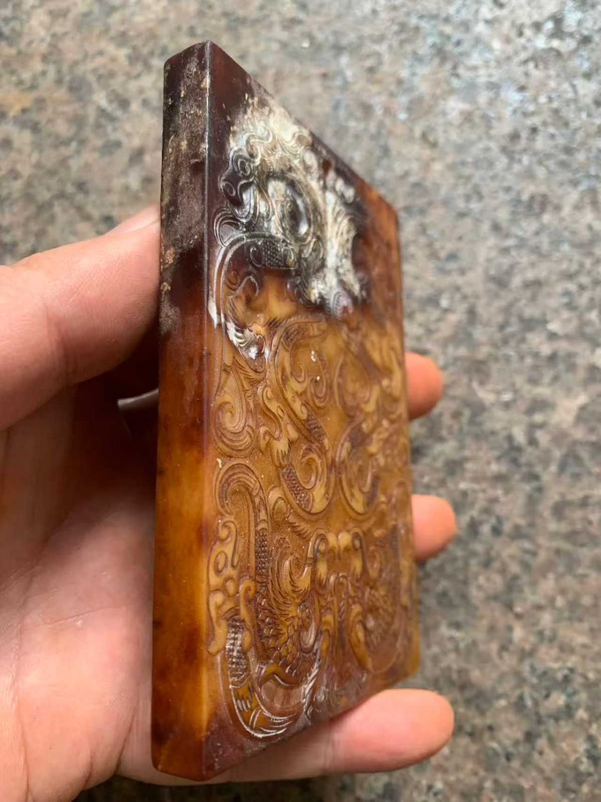 Large Chinese Old Hetian Jade Hand Carved Dragon & Phoenix W/Poem 2Faces Pendant