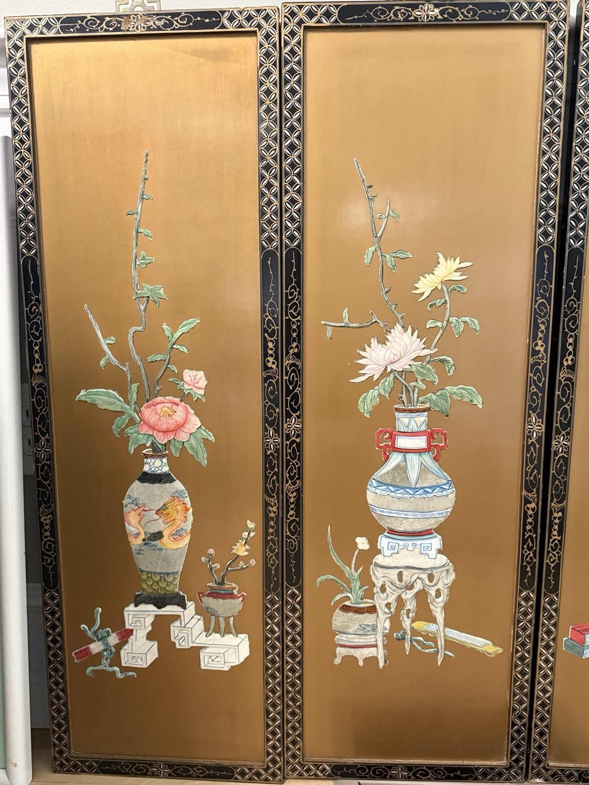 VTG 1950’s Oriental Asian Gold Four Panel Screens Picture Trees Flowers Birds