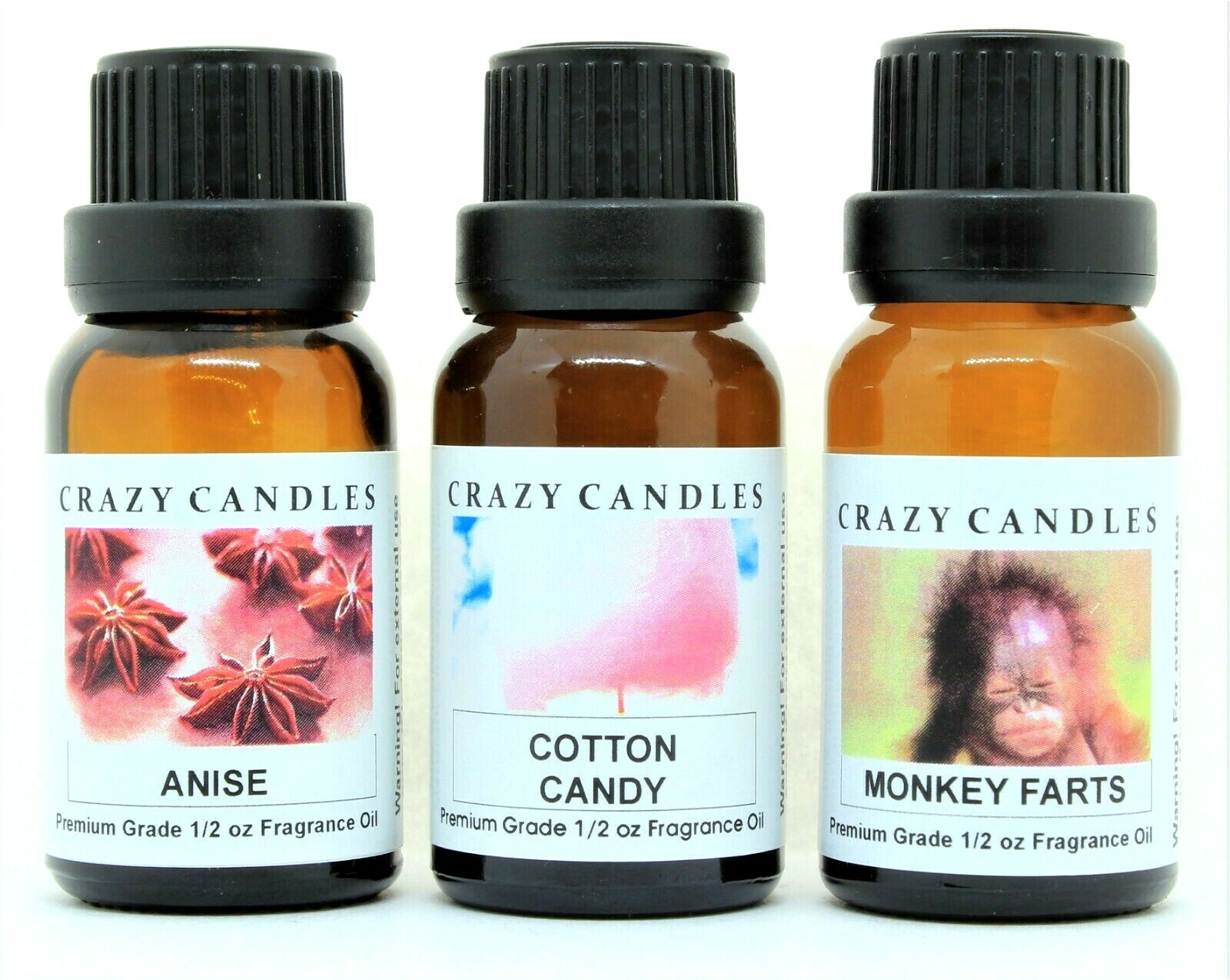 3 Bottles Set, Anise, Cotton Candy, Monkey Farts 1/2oz Premium Crazy Candles