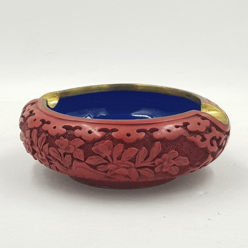 Vintage Chinese Cinnabar Lacquer Craved & Blue Enamel Brass Ashtray