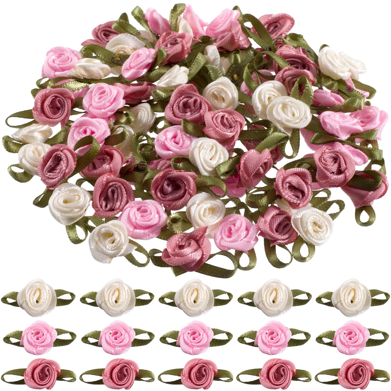 75 PCS 10mm Mini Ribbon Roses Fabric Flowers Satin Bows Appliques Tiny Craft