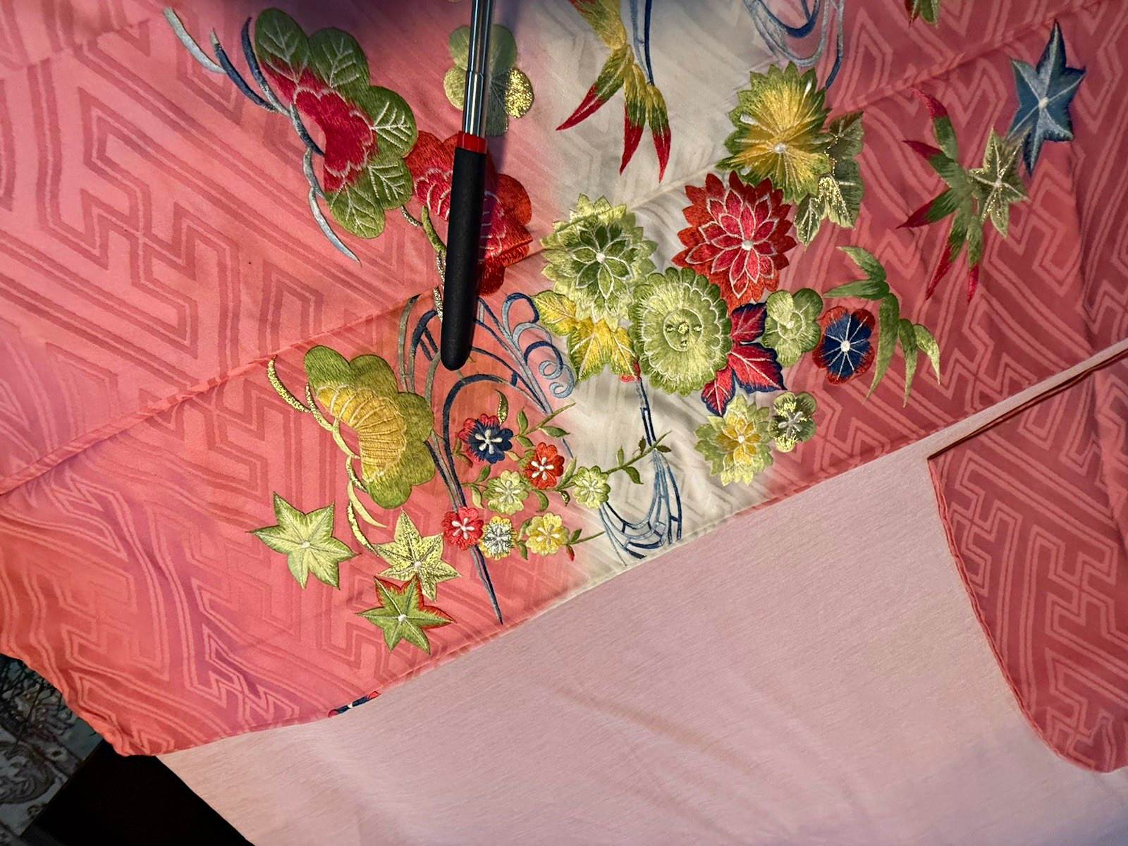 Vintage Japanese Coral Pink heavy Floral Embroidery Silk Furisode silk Lining