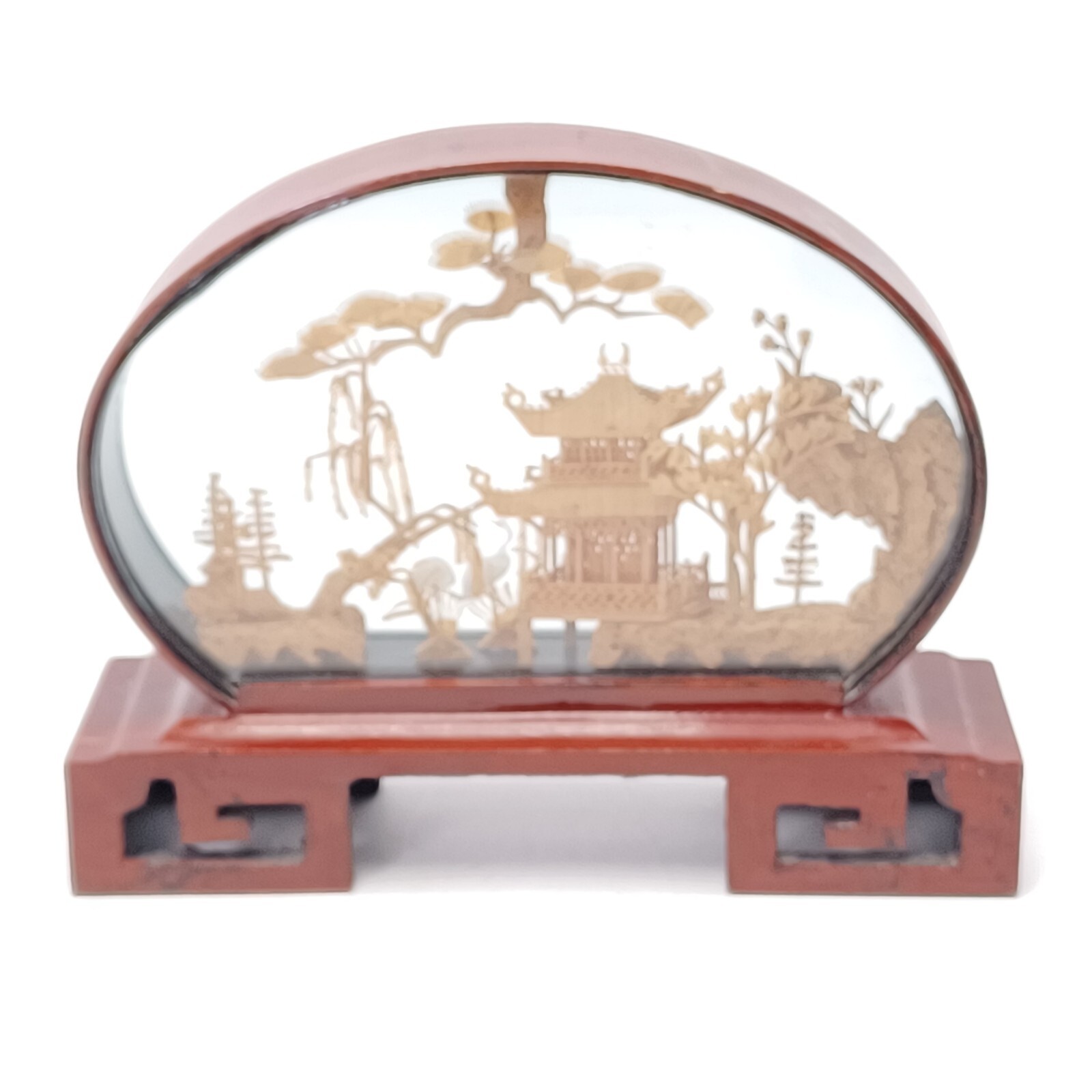 Vintage Chinese Cork Diorama with Pagoda, Intricate Carved Natural Scene. PO