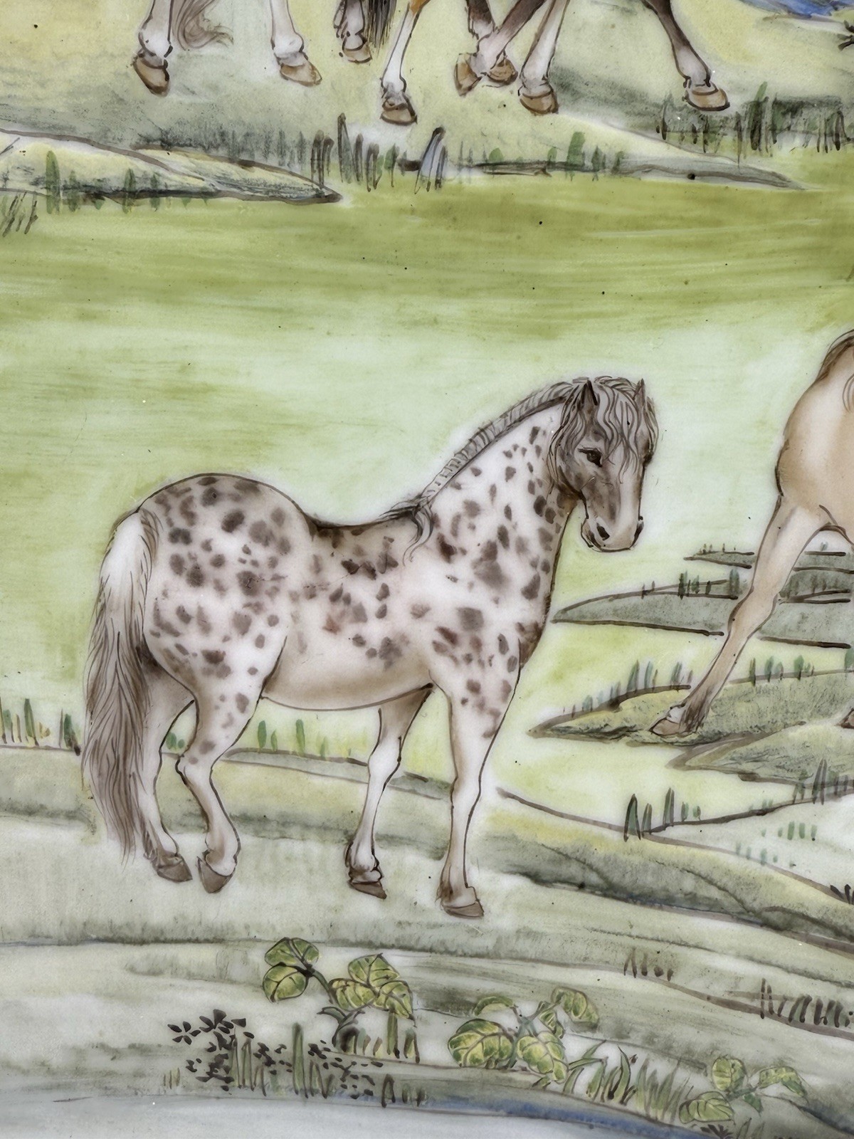 Chinese Hand Painted Porcelain Plaque Eight Horses Framed Wall Art Vintage