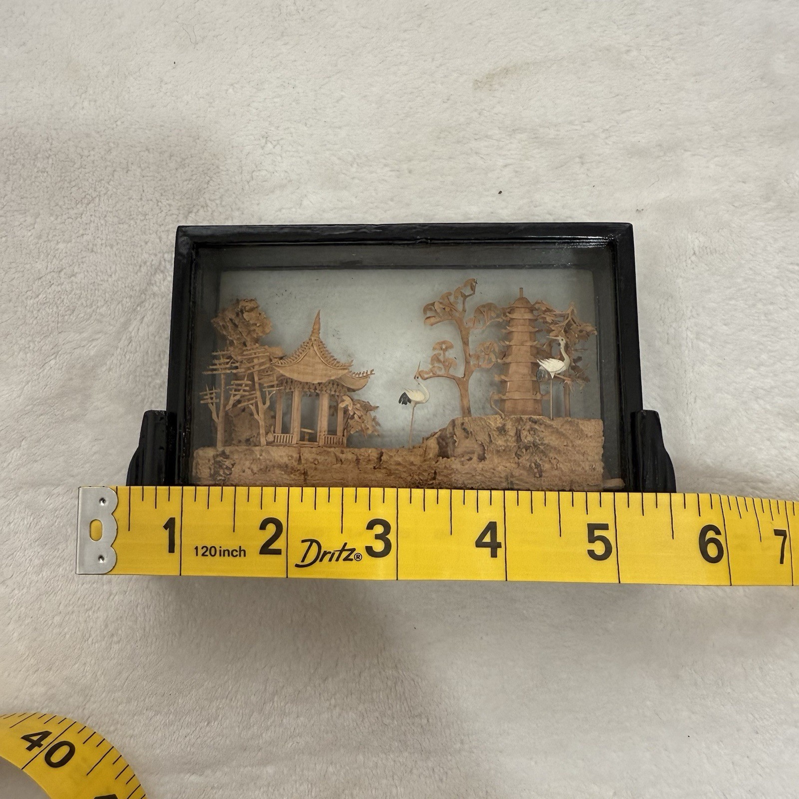Vintage Chinese Hand Carved Cork Diorama Decoration Birds Framed Glass Wood