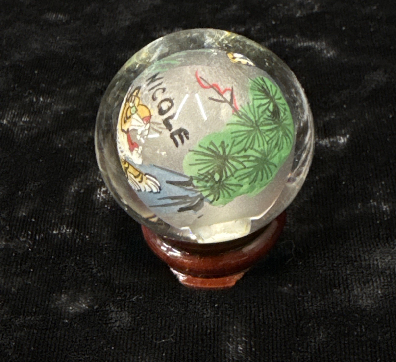 Chinese reverse painted Glass Ball Sphere Orb Tiger w/Stand 1 3/4″ x 1 1/2″