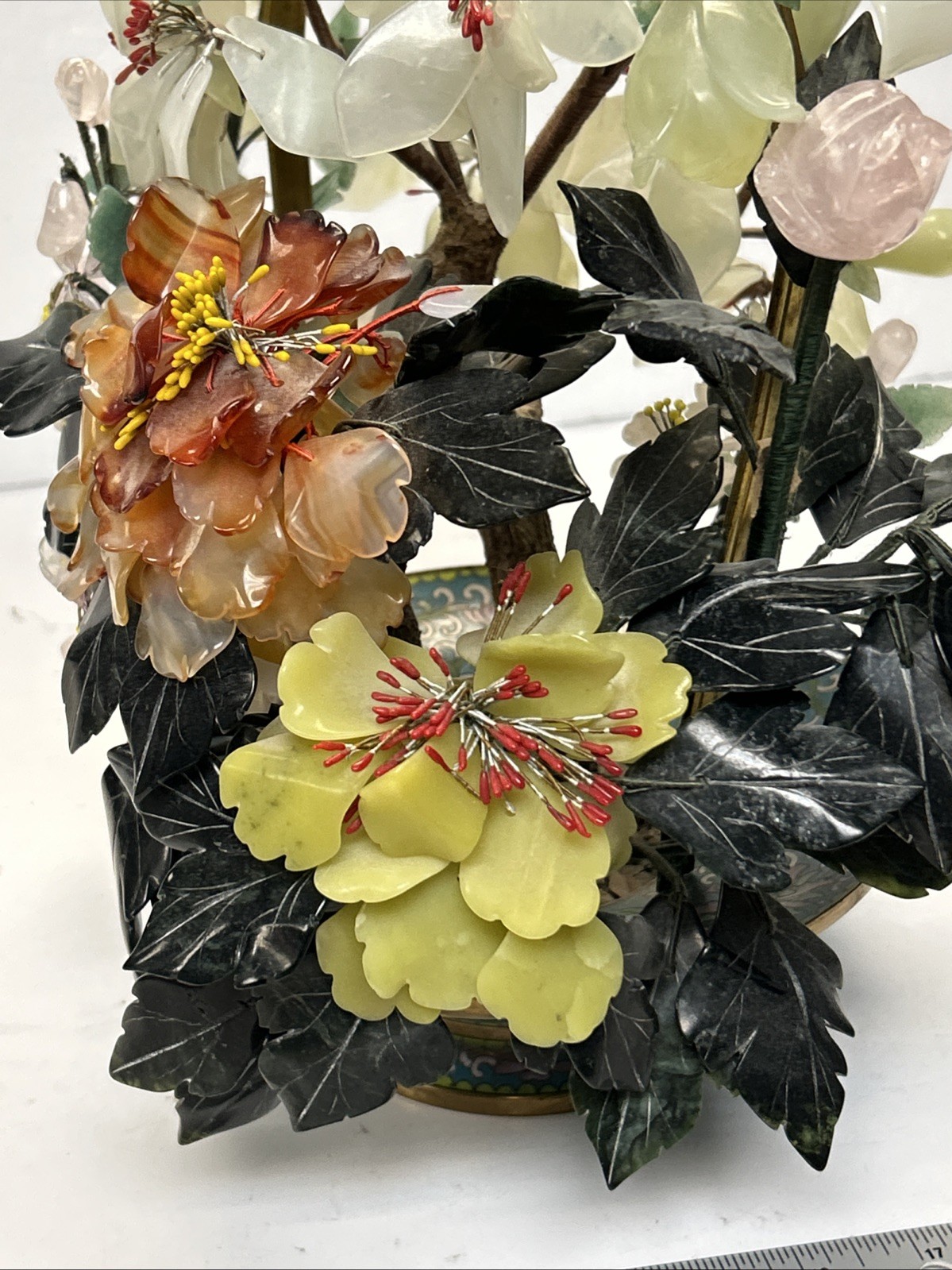 MID CENTURY CARVED JADE AGATE BONSAI FLOWER TREE Very Beautiful