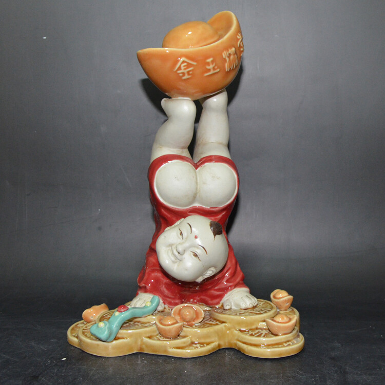 10.6″Collect China Jingdezhen Porcelain Yuen Bo Copper Cash Handstand Boy Statue