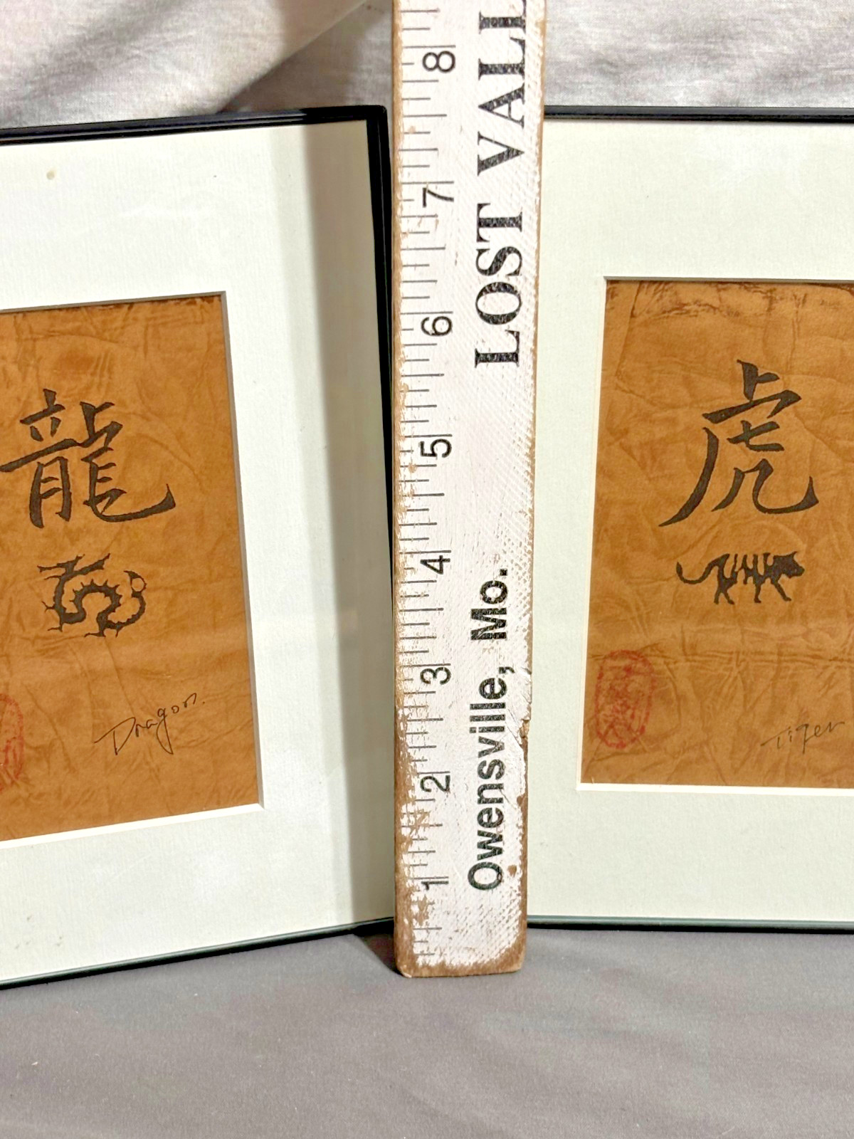 Lot 3 vintage 5×7 Chinese ZODIAC Calligraphy Art TIGER DRAGON MONKEY Signed Red
