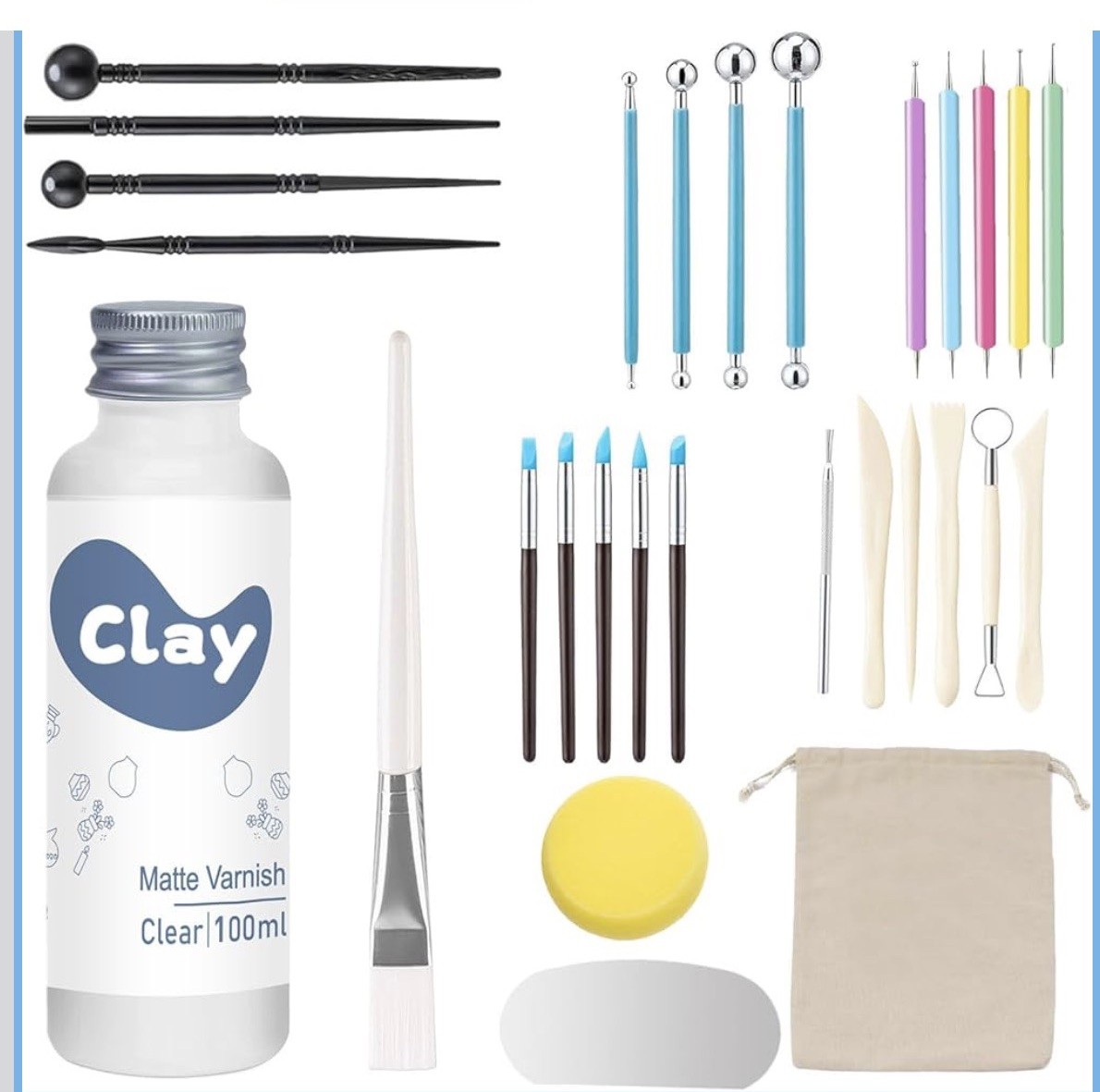 Gloss Air Dry Clay Glaze with 29Pcs Clay Tools Kit – Clay Varnish Sealant Matte