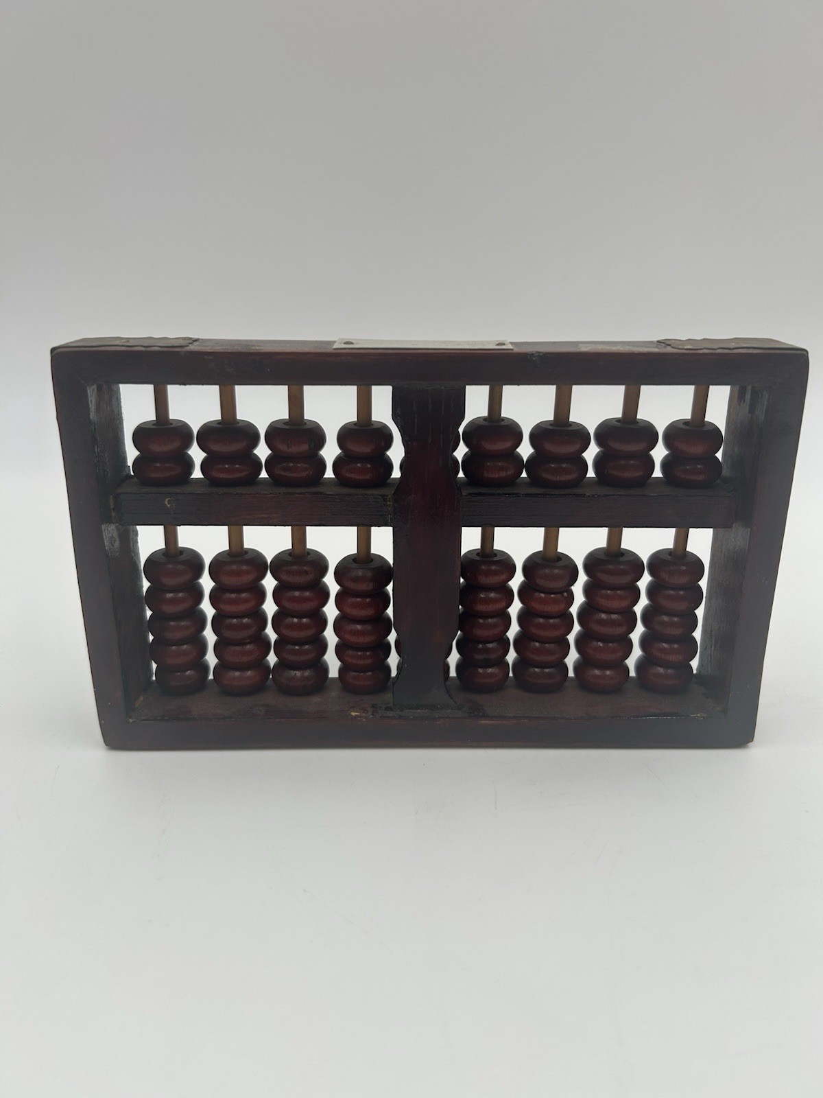 Vtg Chinese Abacus Rose Wood Frame with Brass Binding 9 row and 63 Beads 7”x 4”