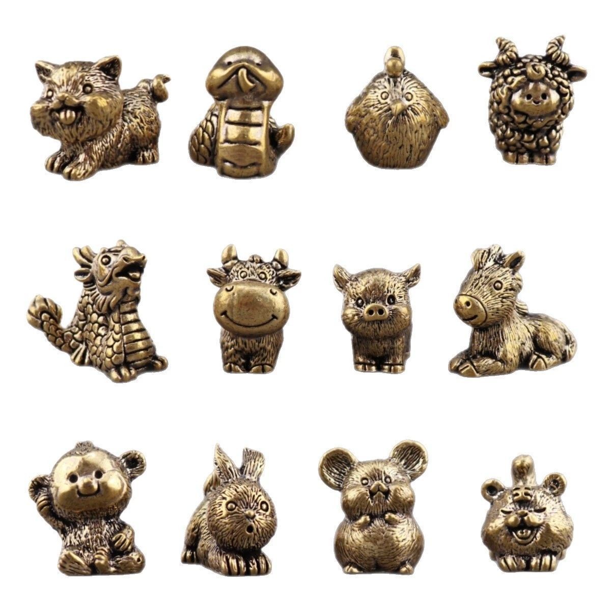 12 pcs Brass Chinese Zodiac Ornament Set Pure Copper 12 Animal Craft Decor