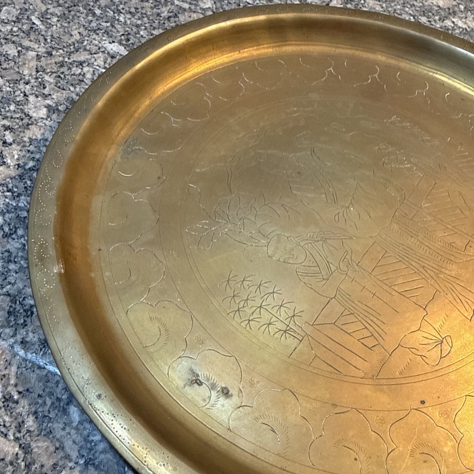 Vintage Chinese Brass Etched Tray Old Man & Boy 12”