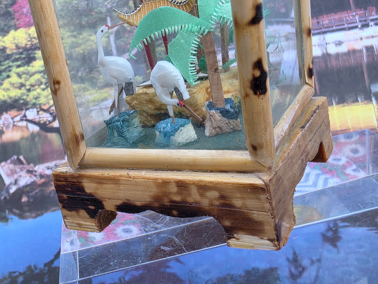 Vintage Carved Cork Chinese Miniature Diorama Shadow Box Cranes 3.75″T & 2.25″L