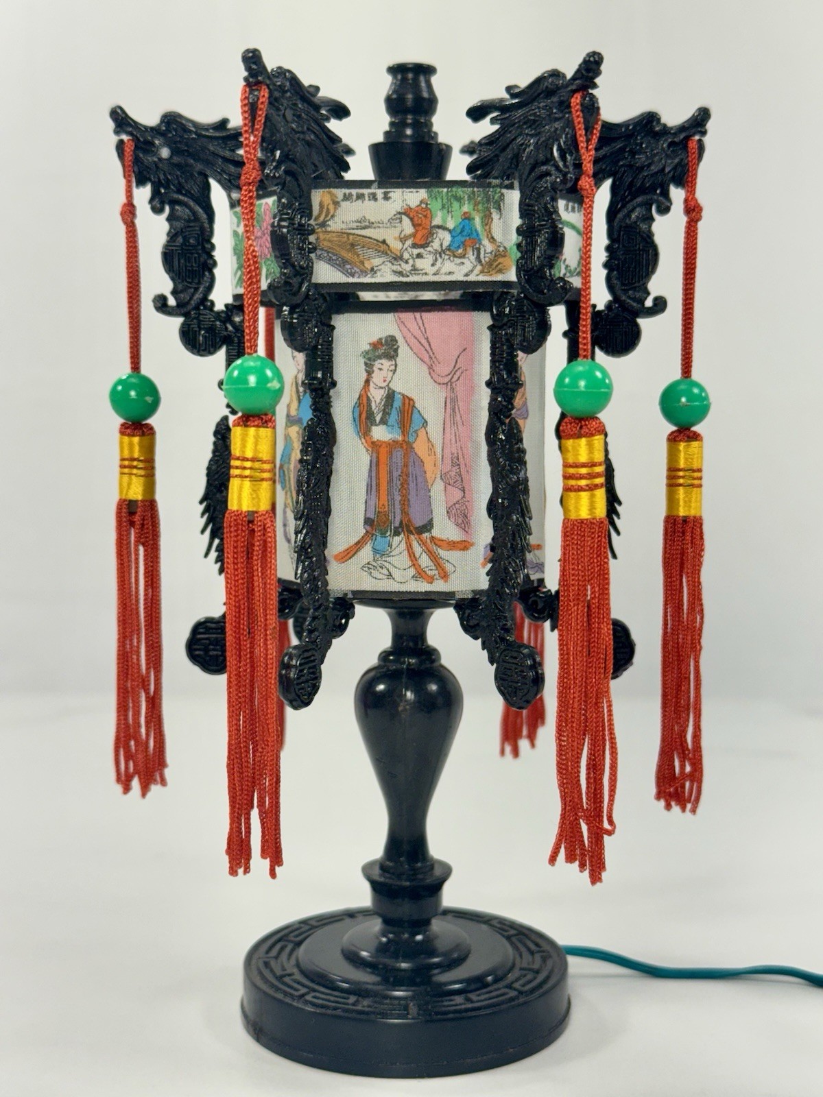 Vintage Chinese Dragon Lantern Table Lamp Light Asian Decor Red Tassels w Box