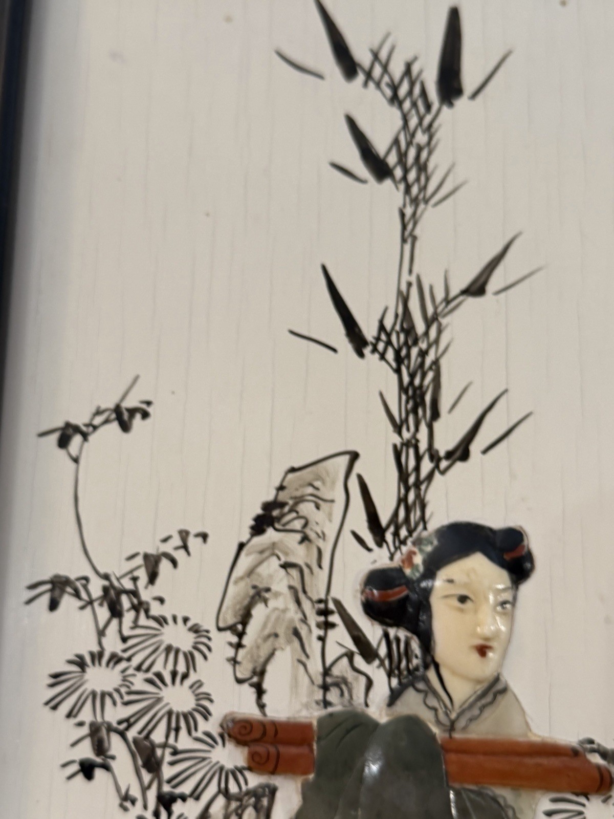 VTG Chinese Black Lacquer Wall Panels Pair Mother Pearl Inlay Geisha Art 19.5×9