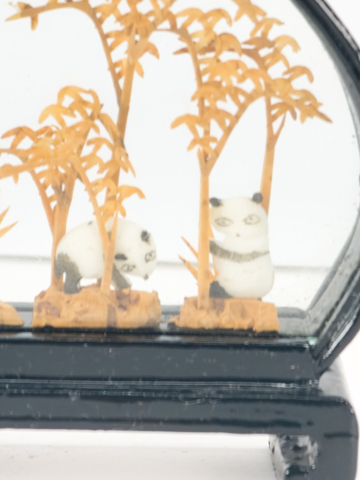 4 Vintage Chinese Cork Carving Dioramas Glass Case Pandas Birds Pagoda Art