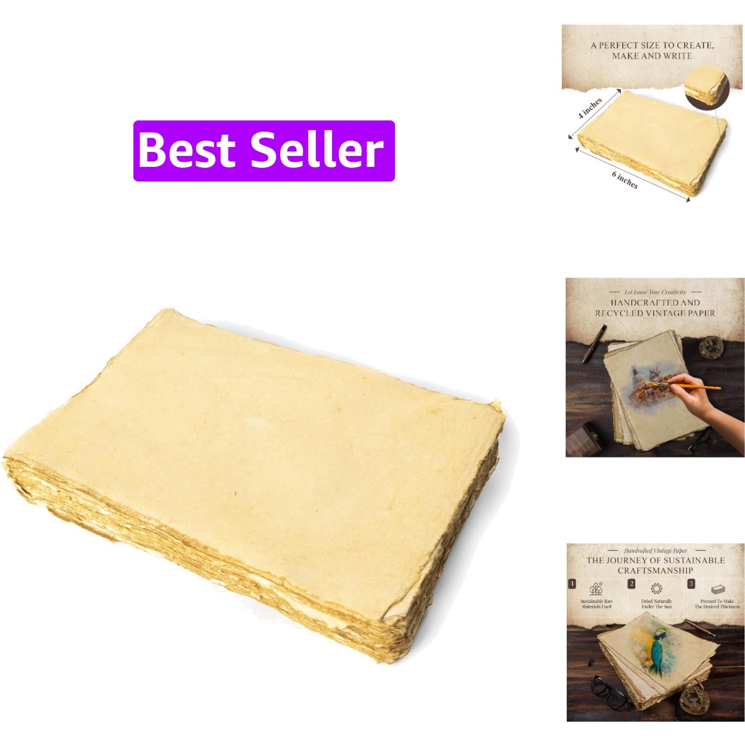 Blank Vintage Handmade Deckled Edge Paper | 75 Sheets of Recycled Cotton Pape…