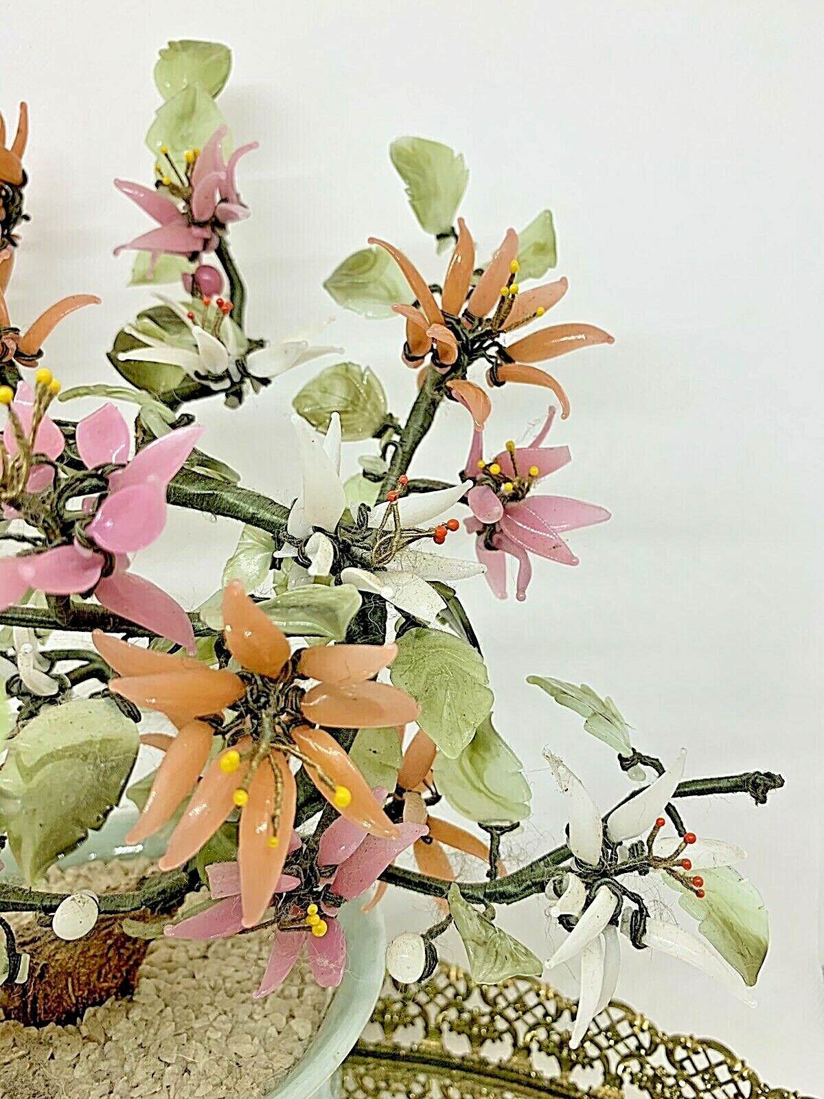 Vintage 11″ Jade Glass Bonsai Tree Japanese Oriental multi-color blooms in a Pot
