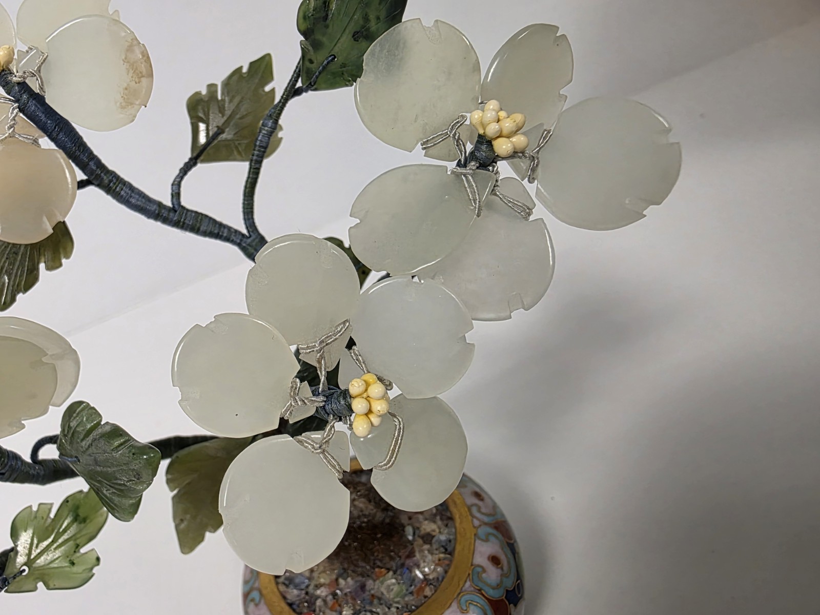 Asian Bonsai Tree Blossom Cloisonne Floral Pot White And Green Stone Jade?