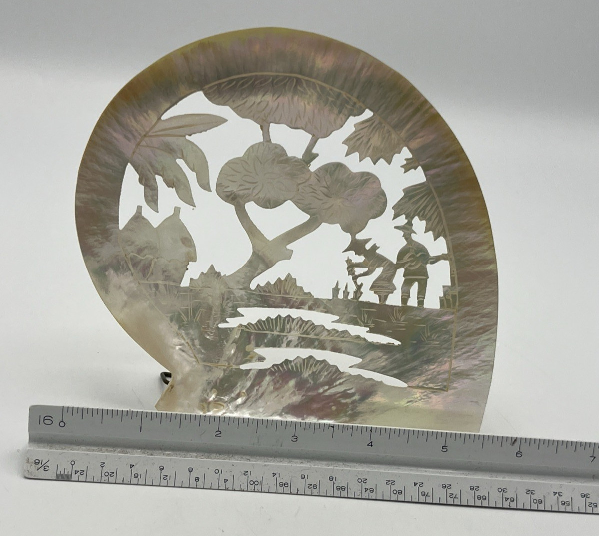 Carved Mother of Pearl Shell Asian Scene with Stand 6″ Tall