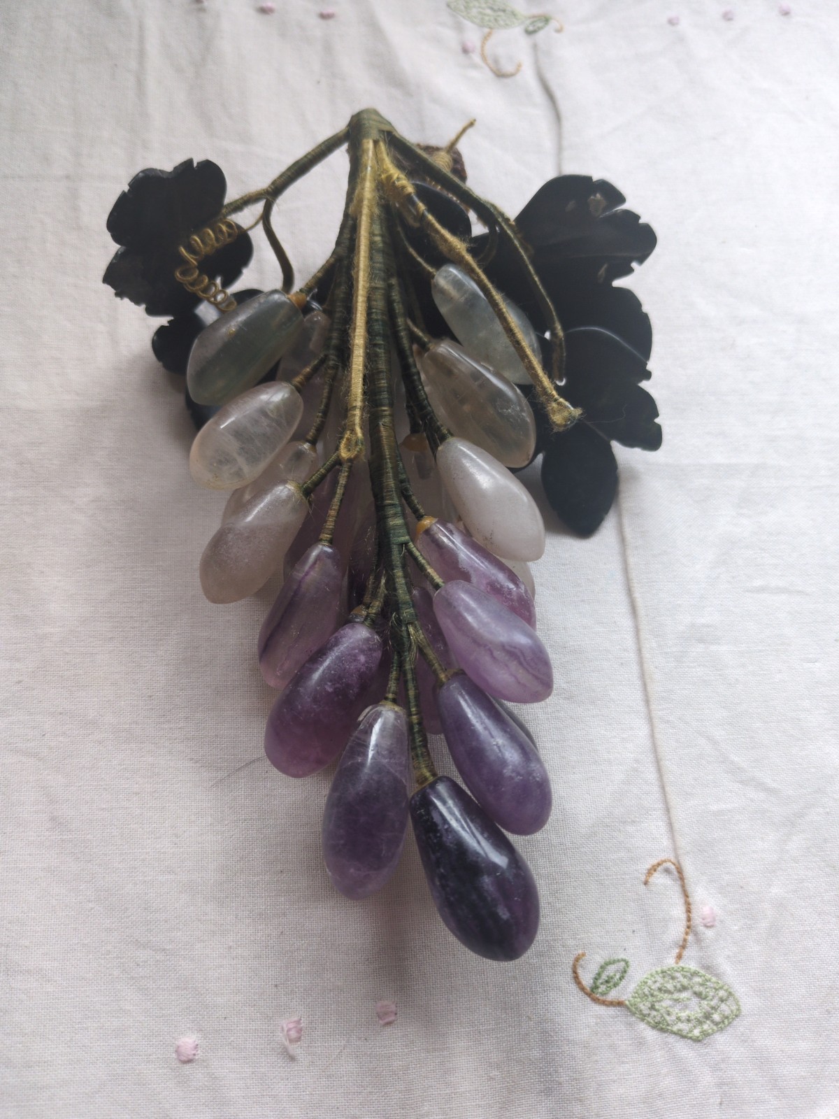 Vintage Chinese Carved Rose-Quartz, Amethyst Grape Cluster With Jade Leaves 7″
