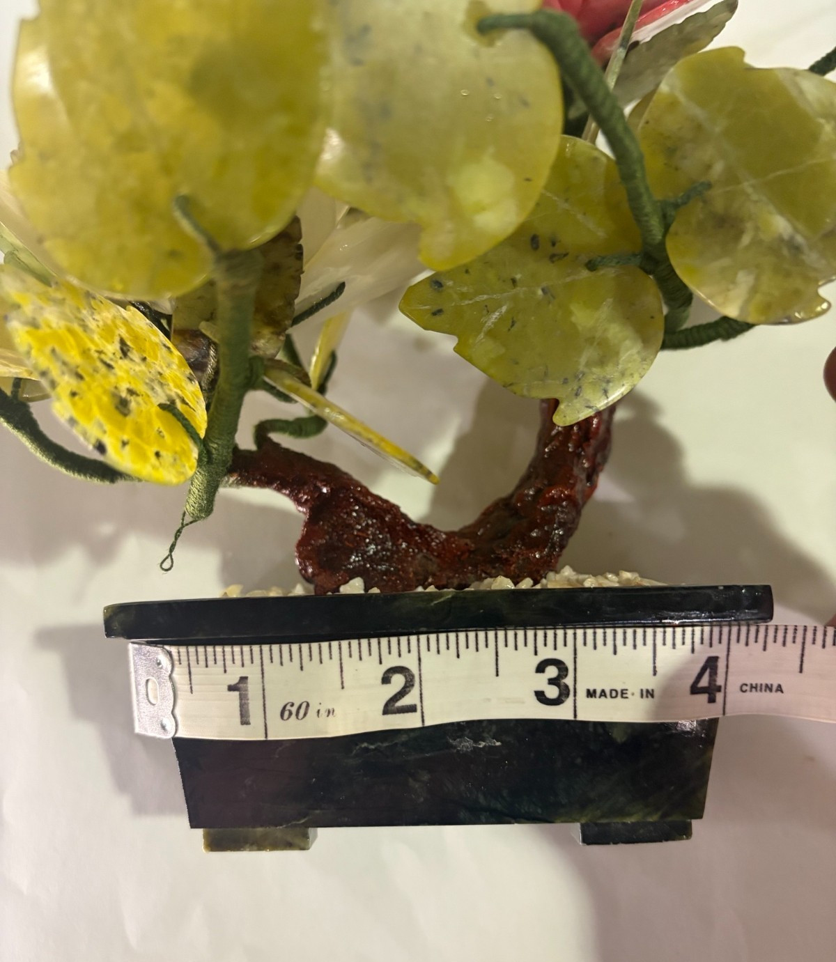 Vintage Jade Tree Bonsai Tree Carved Agate Flowers in vase, 9″