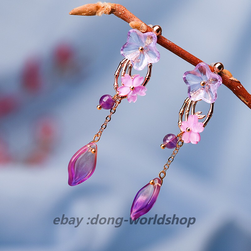 China Coloured Glaze/Purple Crystal Flower Tibetan Style Vogue Earbob Earrings