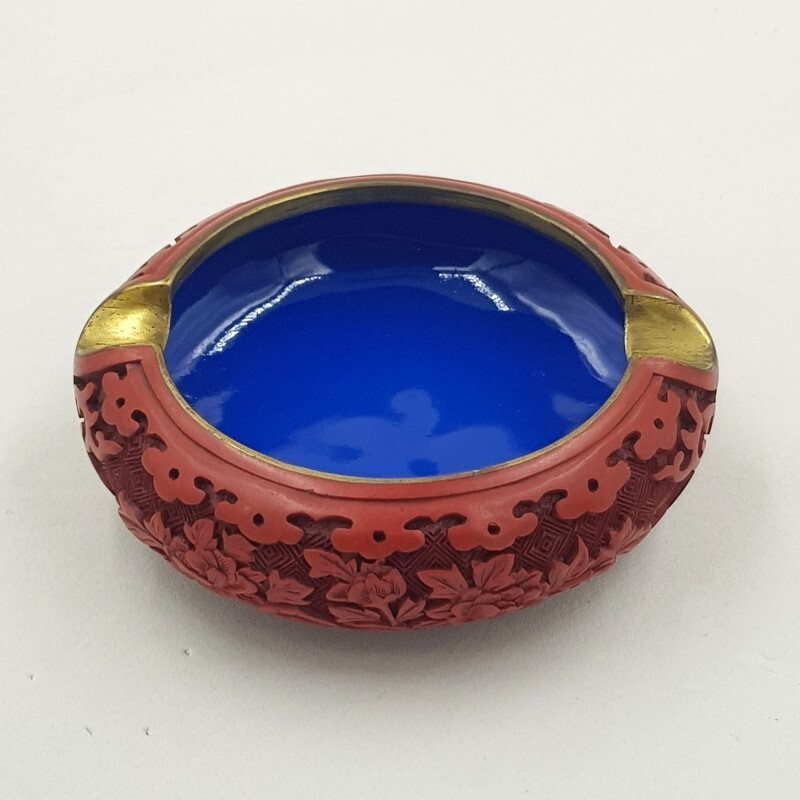 Vintage Chinese Cinnabar Lacquer Craved & Blue Enamel Brass Ashtray