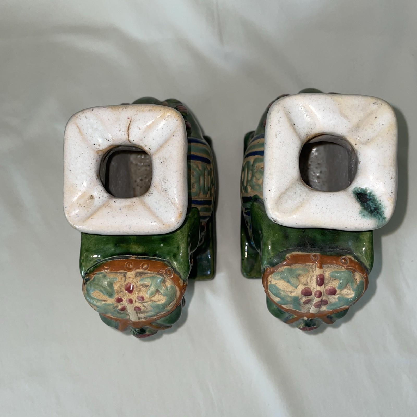 VTG Pr of Ceramic Hand Painted Majolica Asian Elephant Statue