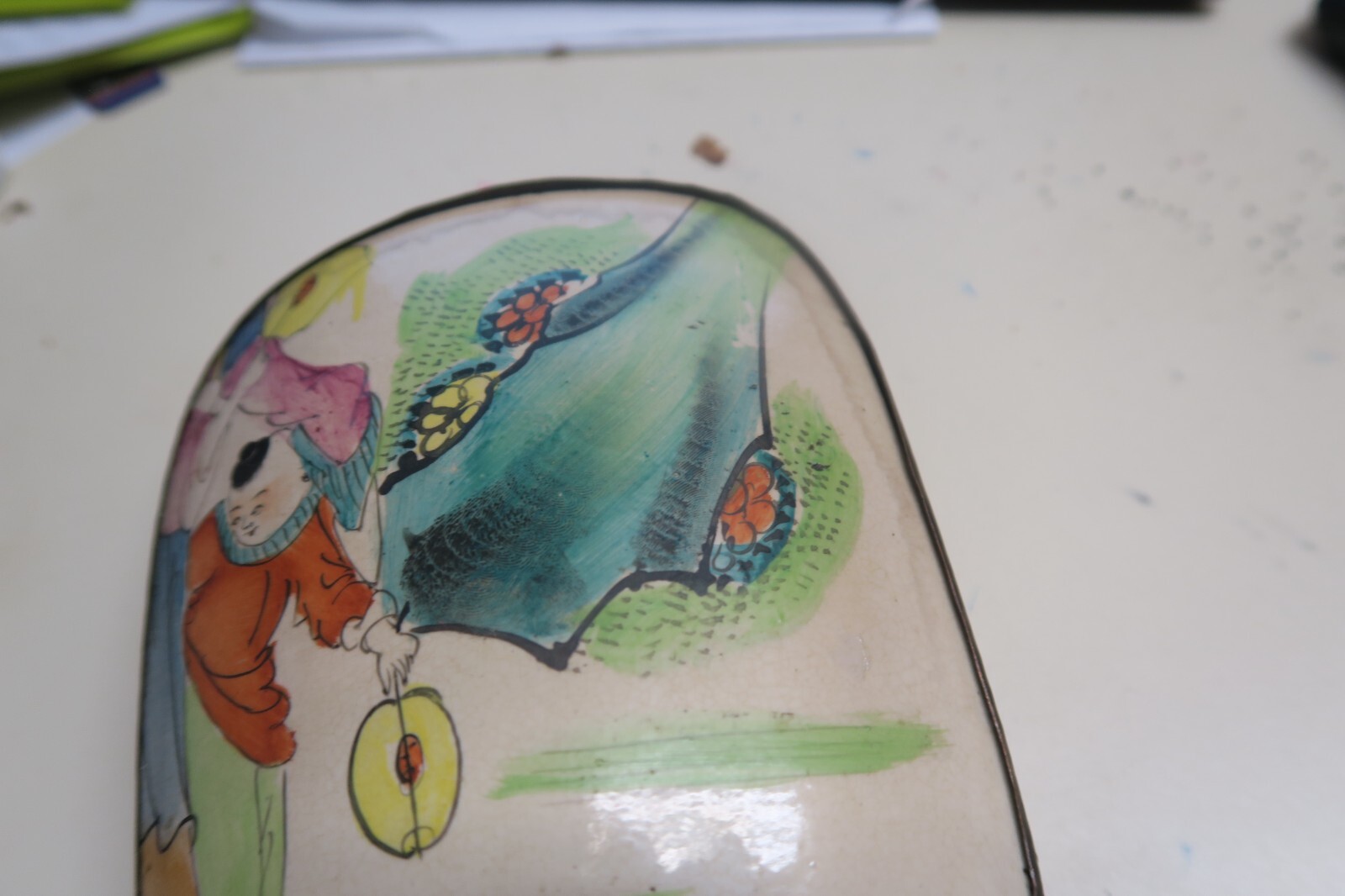 Antique Chinese Asian Porcelain Shard Lid Vintage Metal Silver Trinket Box 5″x6″