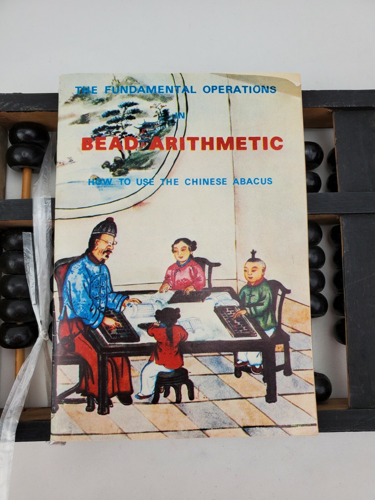 Vtg Abacus Lotus Flower Black Lacquer Wooden Brass 11 Rods 77 Beads Booklet 60s