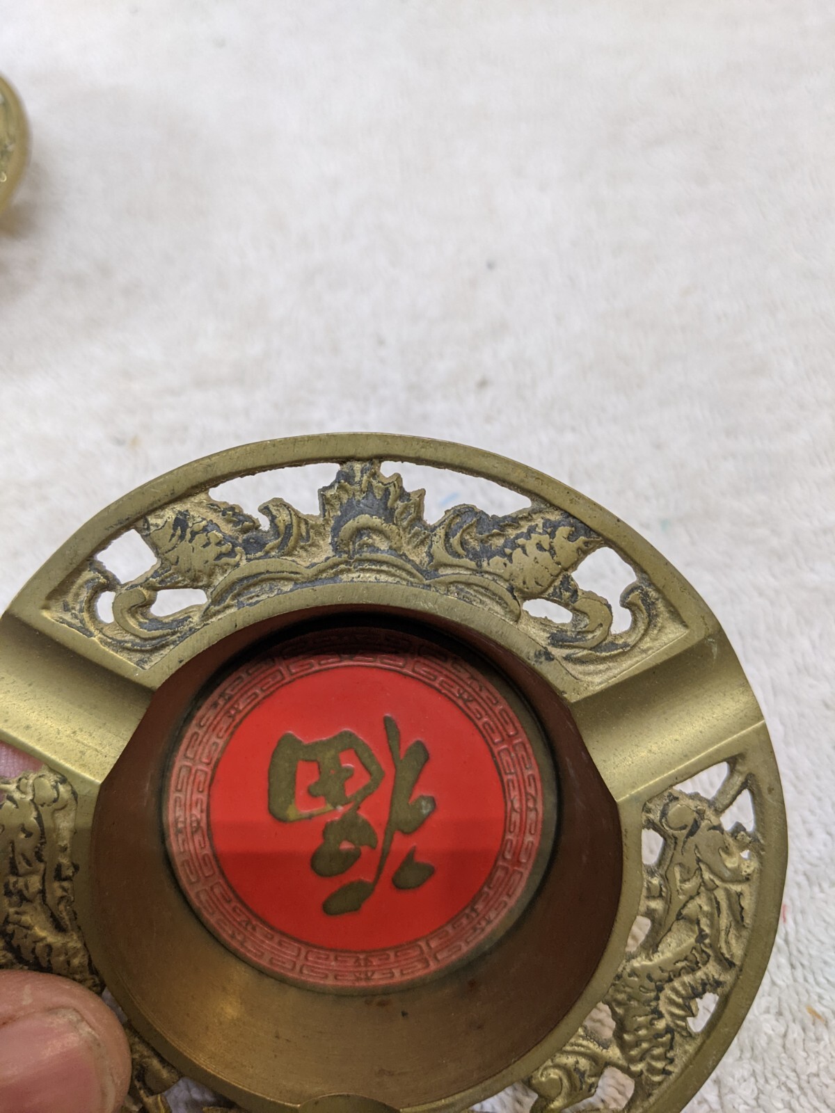 Vintage Chinese Brass Red Enamel Shou Long Life Ashtray Phoenix Birds 3.25″ Set