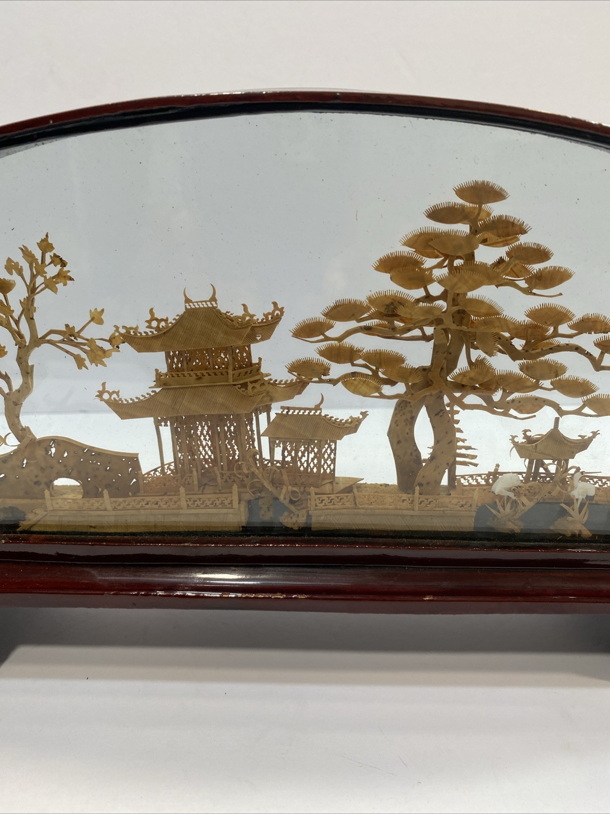 Vtg Chinese Oriental Cork Art 3D Diorama Red Lacquer Frame Pagoda Cranes