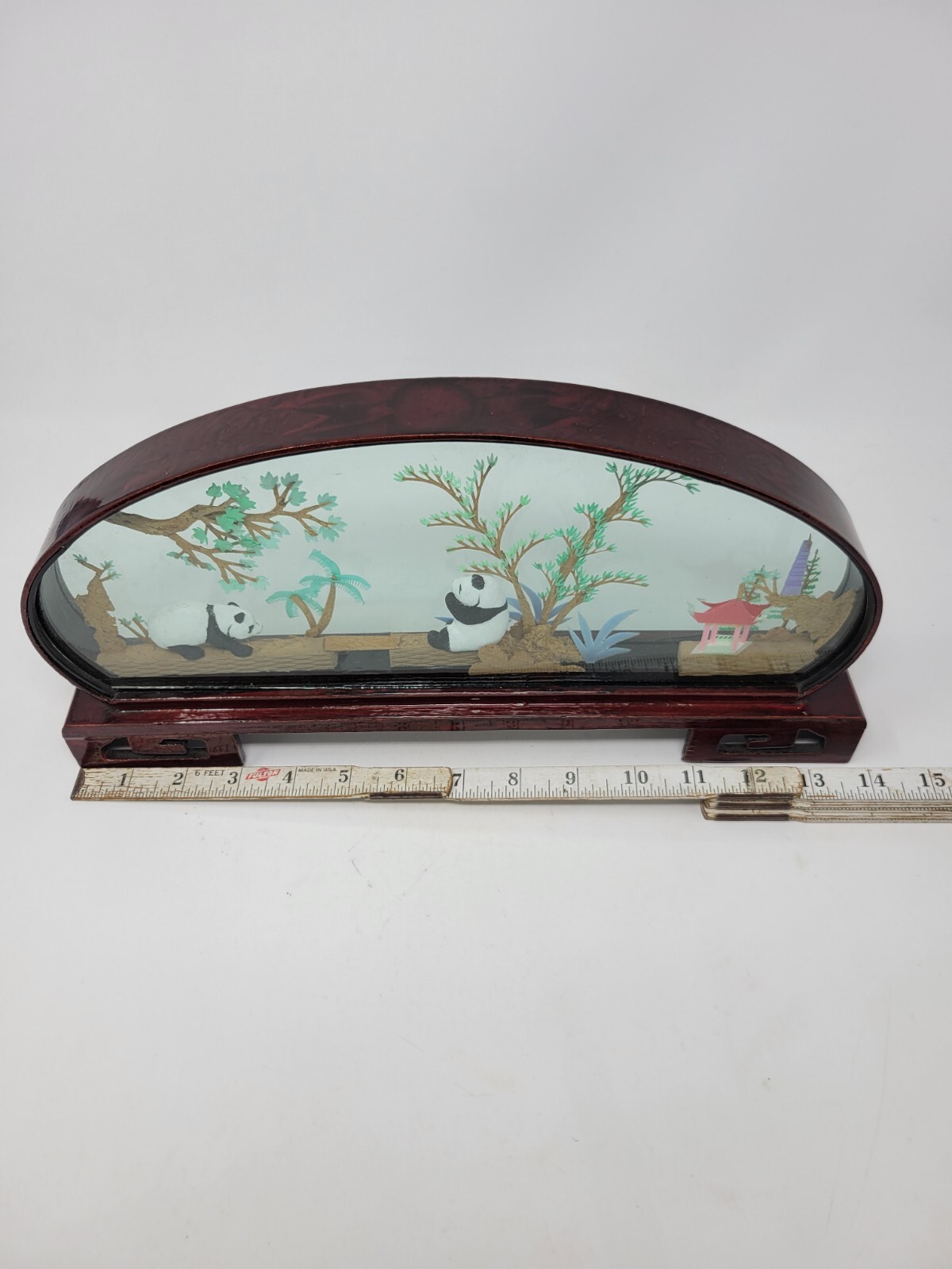 Vintage Chinese SAN YOU Diorama Art Pagoda With Trees & Pandas 1980s 14″ By 7″