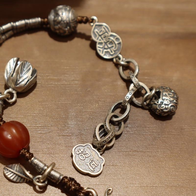Vintage Fu Lock Multi Gem Bracelet Silver Agate Fortune Beaded Bangle