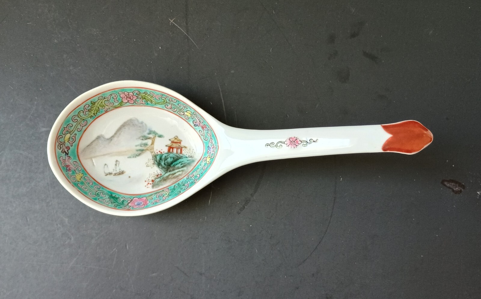 Large Vintage Chinese Hand Painted Porcelain Serving Spoon, Turquoise, Marked
