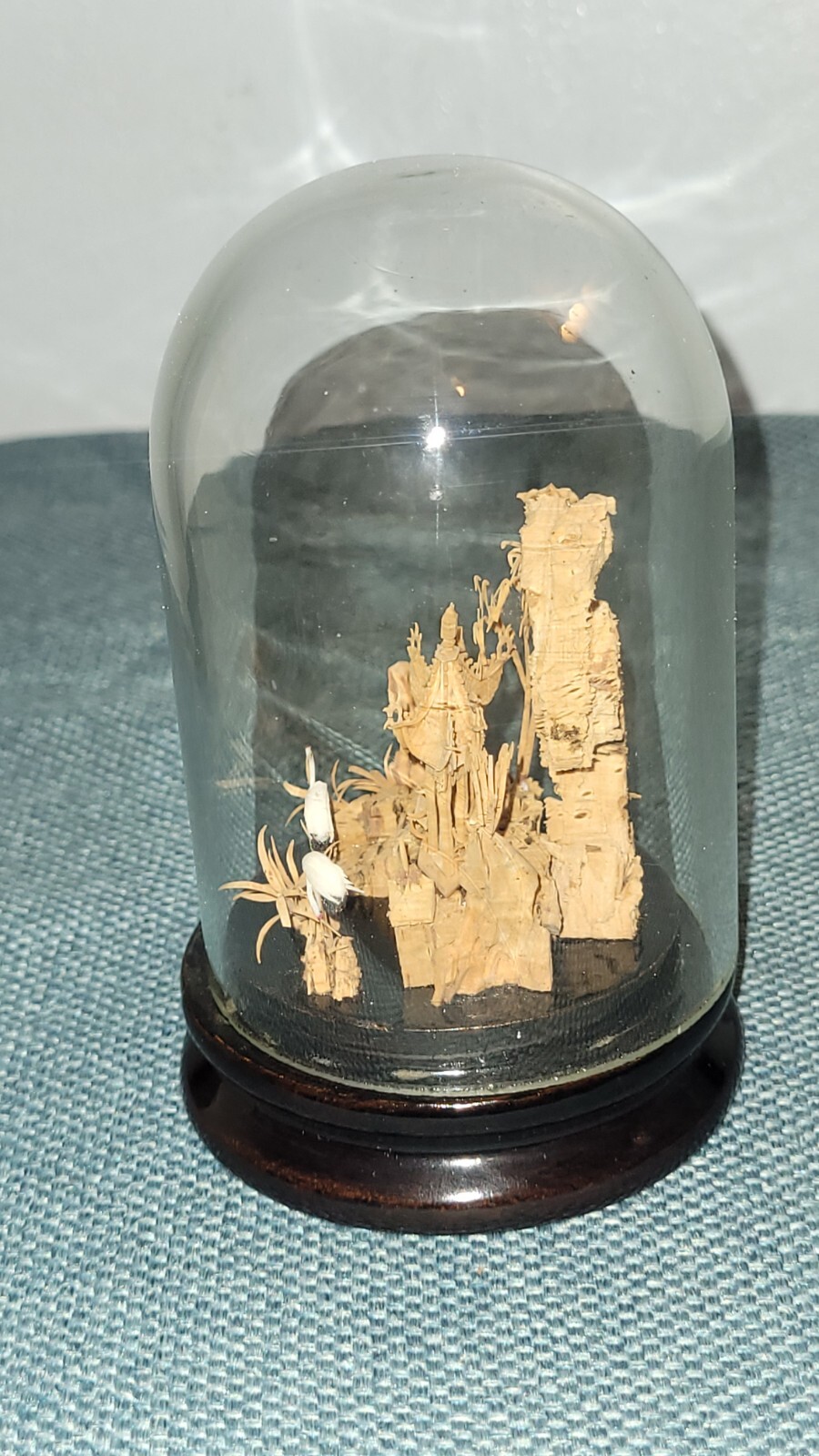 Vintage 5″ Chinese Diorama Pagoda Cork Carving Trees & Cranes Scenic Sculpture