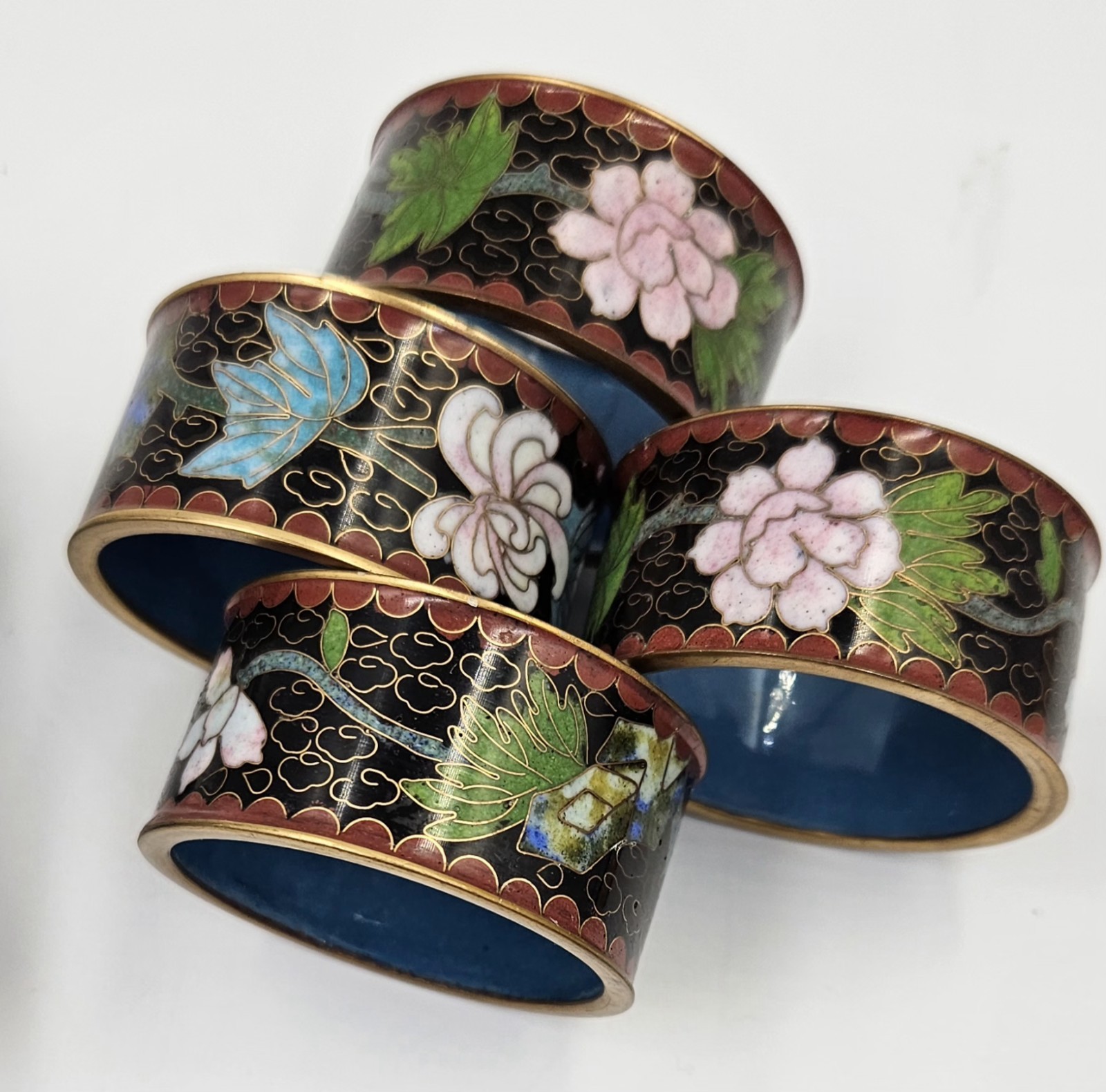 8 Vintage Chinese Cloisonne Napkin Ring Multicolored Enameled