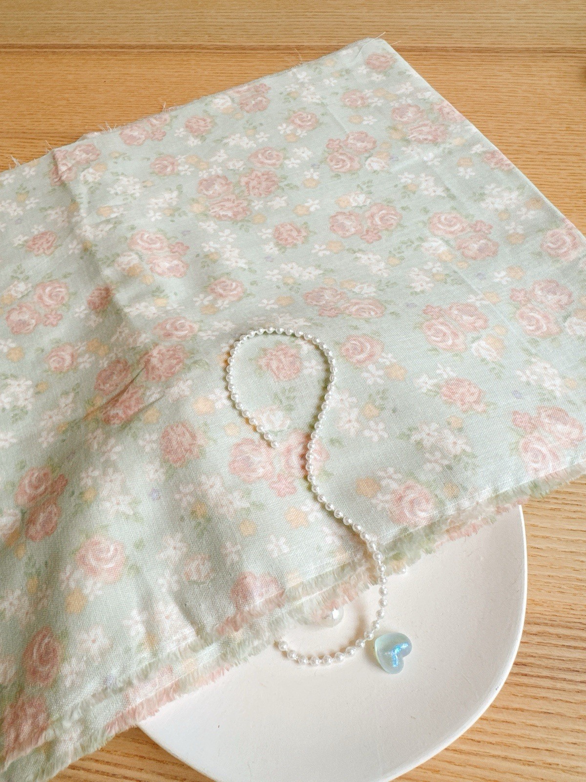 4 yds (10.5” width) mint green roses double gauze cotton fabric 260457