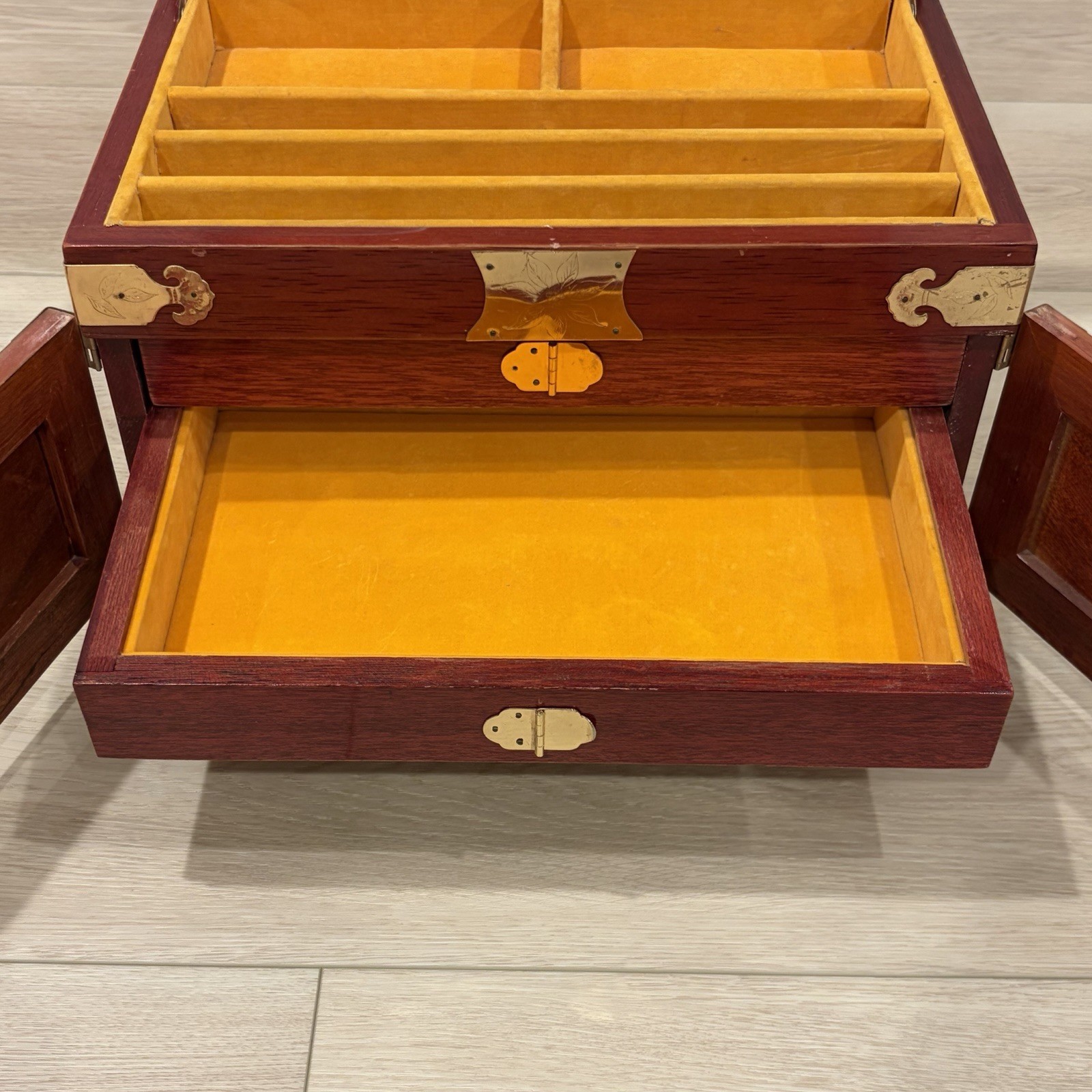 Large Chinese Rosewood & Brass 3 Drawer Flip Top Jewelry Box Longevity Symbol